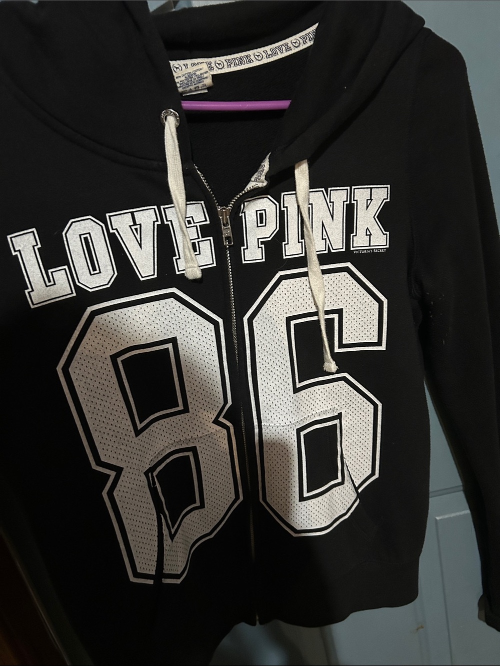 PINK Victoria's Secret Black Zip-Up Hoodie with White Graphic